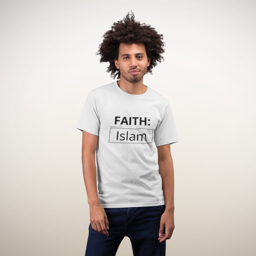 Faith Islam t-shirt – Islamic streetwear by Sakinah Wear, soft unisex cotton tee with minimalist faith-inspired design. Man