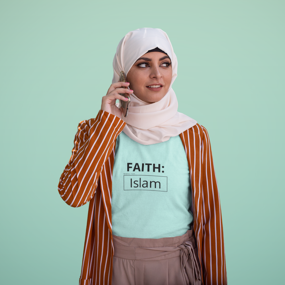 Faith Islam t-shirt – Islamic streetwear by Sakinah Wear, soft unisex cotton tee with minimalist faith-inspired design.