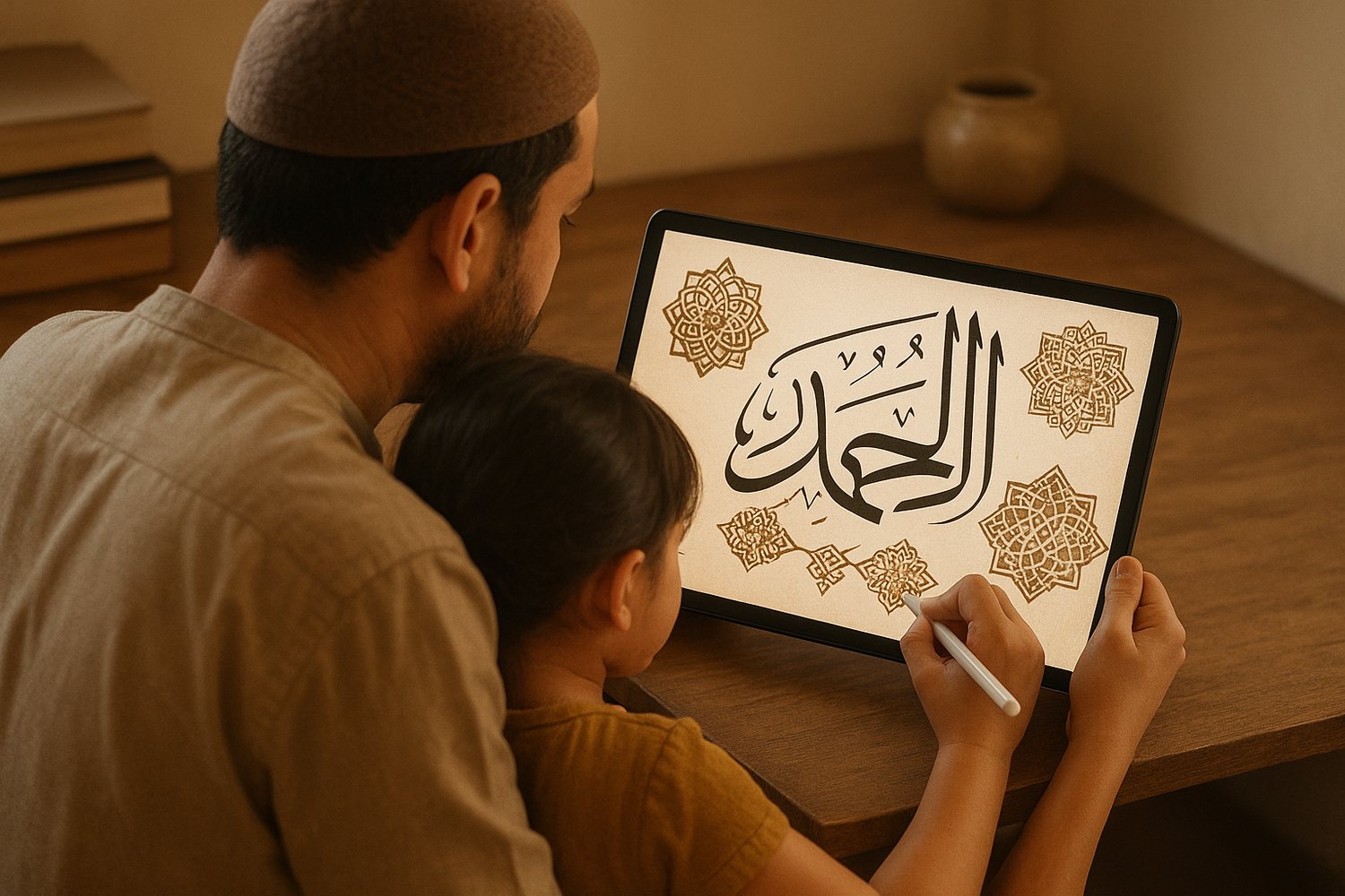 Persona che lavora sul suo tablet insieme con la figlia che disegnano cose o scritte islamiche a destra con