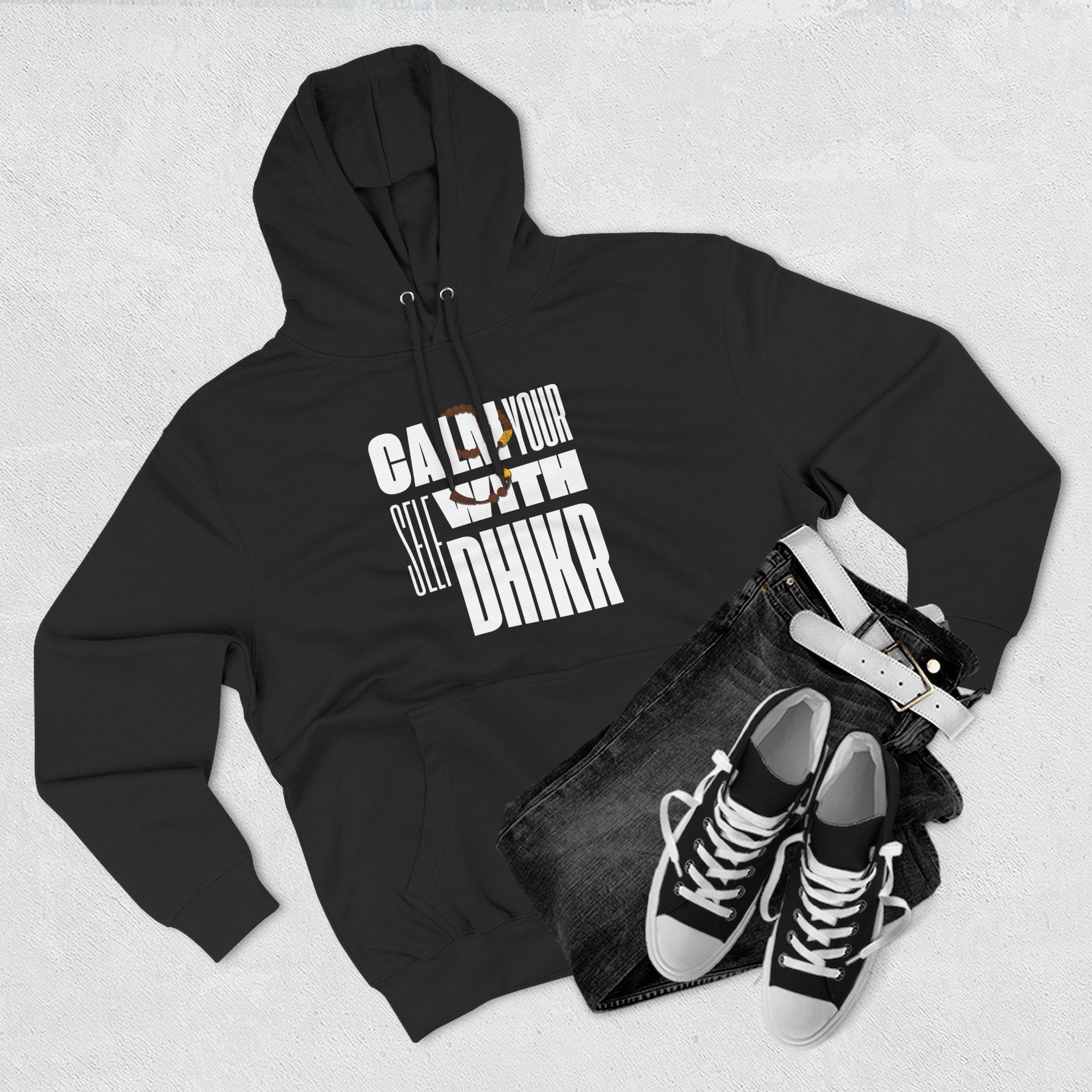 Fleece Hoodie with Calm Your Self with Dhikr Islamic Writings