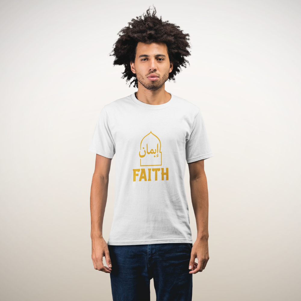Faith Arabic calligraphy t-shirt – Islamic streetwear by Sakinah Wear, unisex cotton tee with minimalist faith-inspired Arabic design.