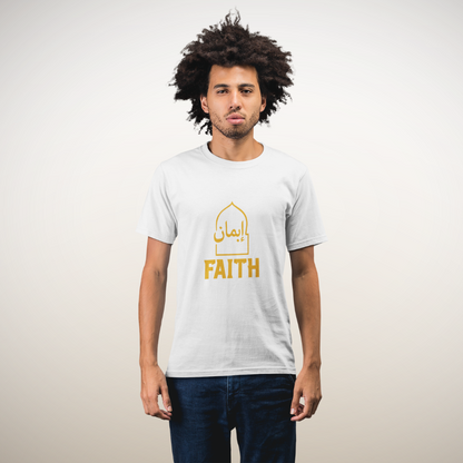 Faith Arabic calligraphy t-shirt – Islamic streetwear by Sakinah Wear, unisex cotton tee with minimalist faith-inspired Arabic design.