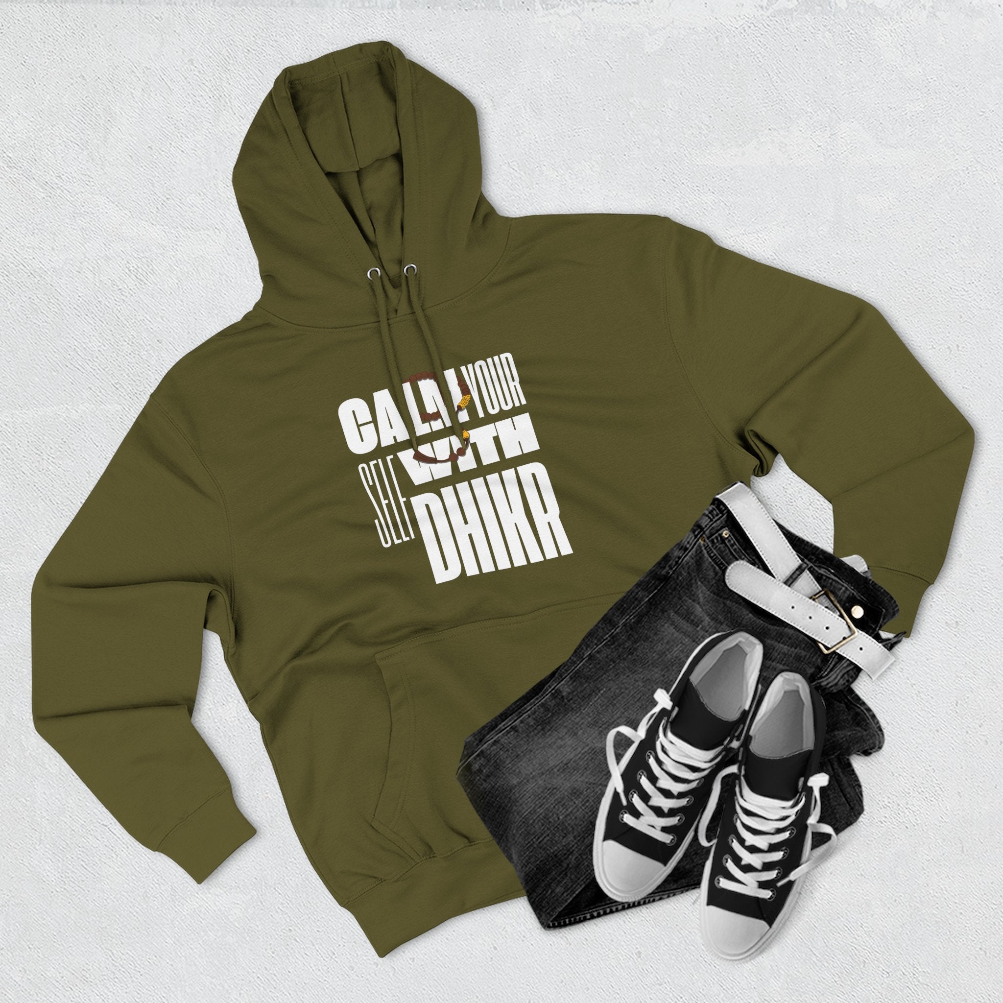 Fleece Hoodie with Calm Your Self with Dhikr Islamic Writings