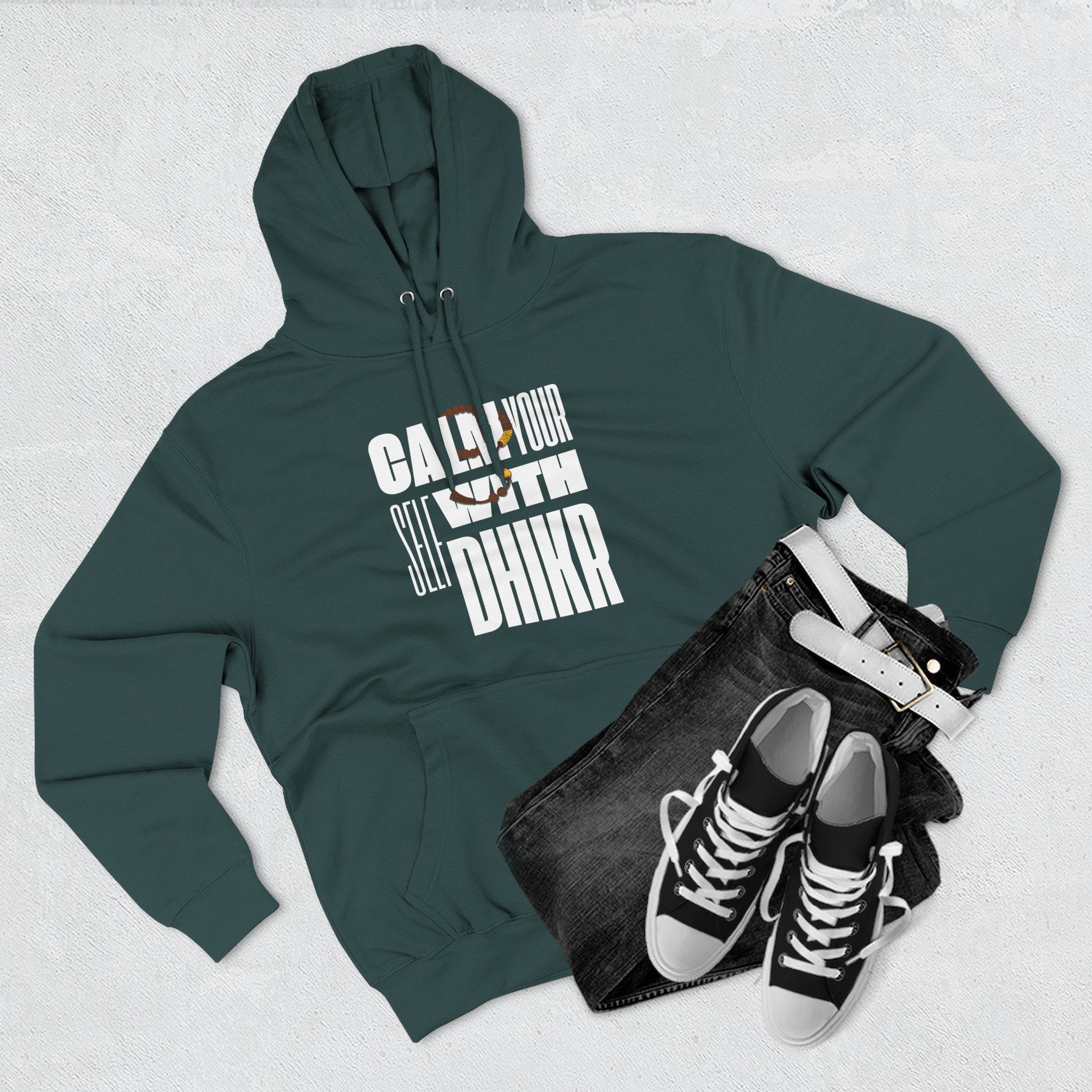 Fleece Hoodie with Calm Your Self with Dhikr Islamic Writings