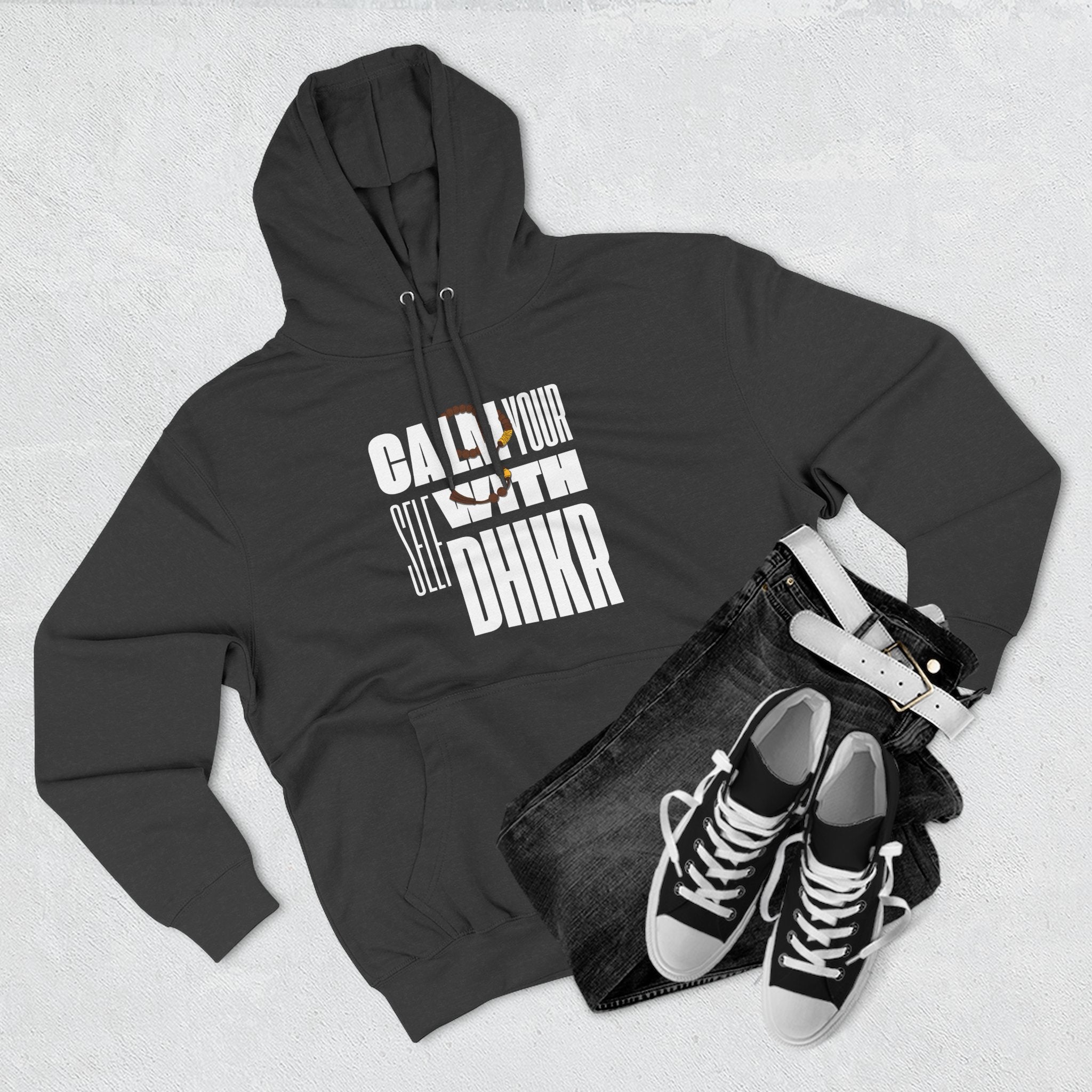 Fleece Hoodie with Calm Your Self with Dhikr Islamic Writings