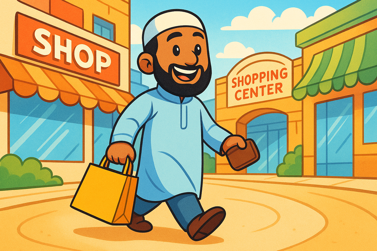 Cartoon look muslim man Who Is going shoping